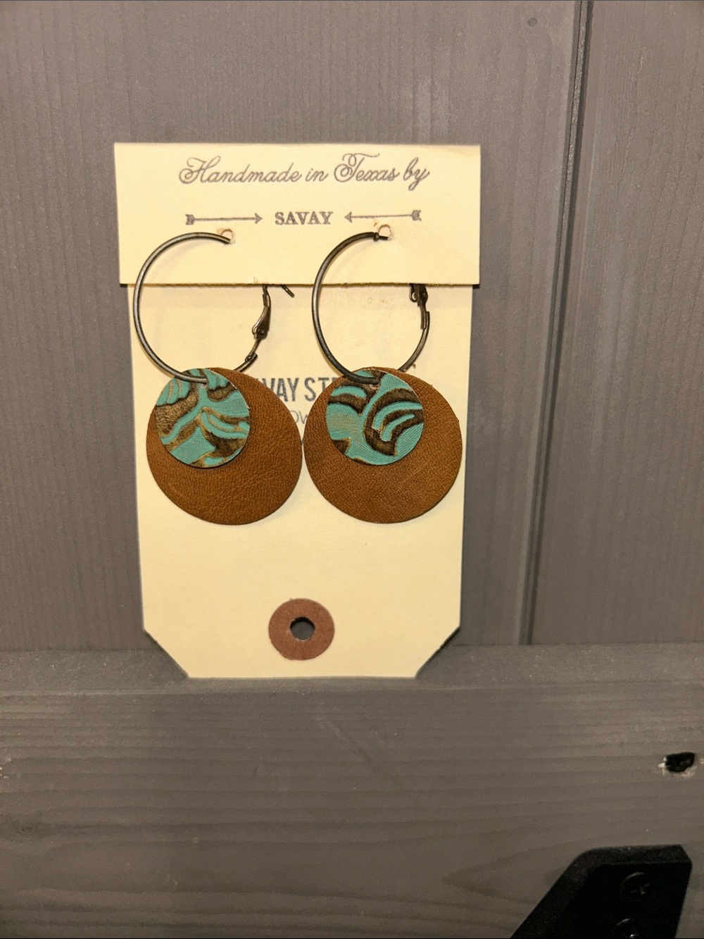 Brown and Turquoise Leather Hoop Drop Earrings